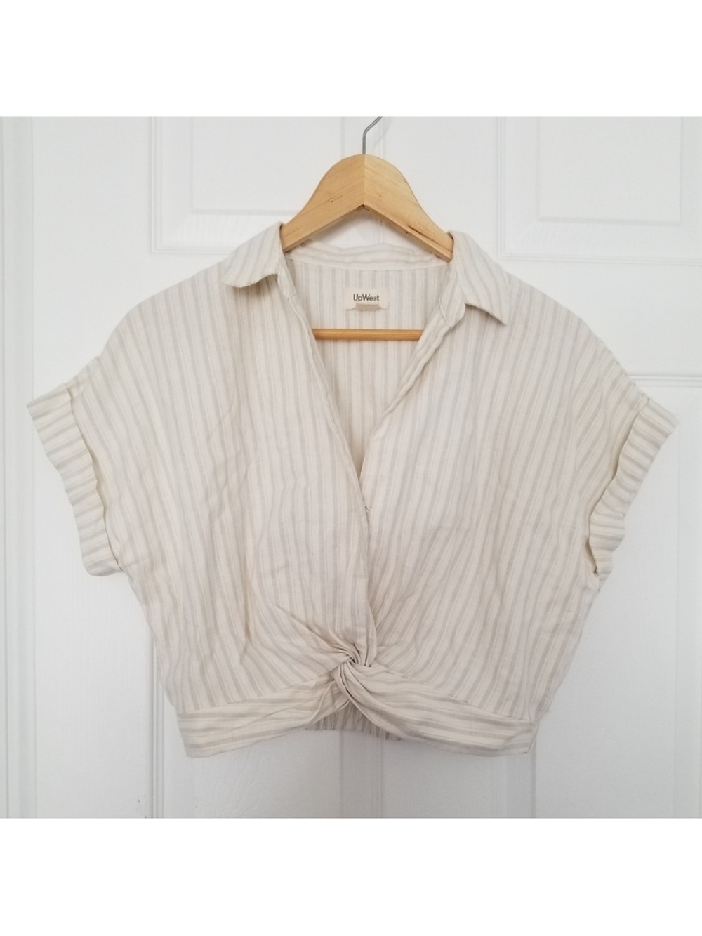 UpWest Cream Striped Tie-Front Crop Blouse